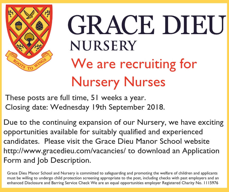 Nursery Nurse advert Sep 18 Grace Dieu